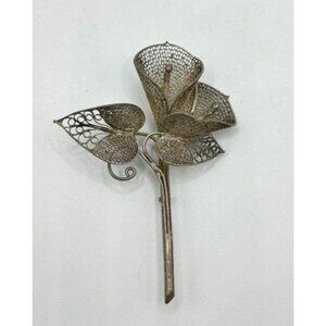 Vintage Filigree Calla Lily Floral Pattern Silver Pin Brooch